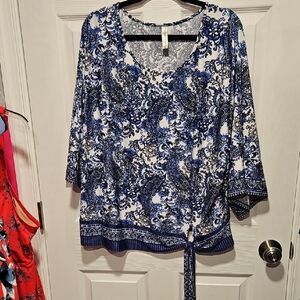 Perseption Blue and White Patterned Blouse